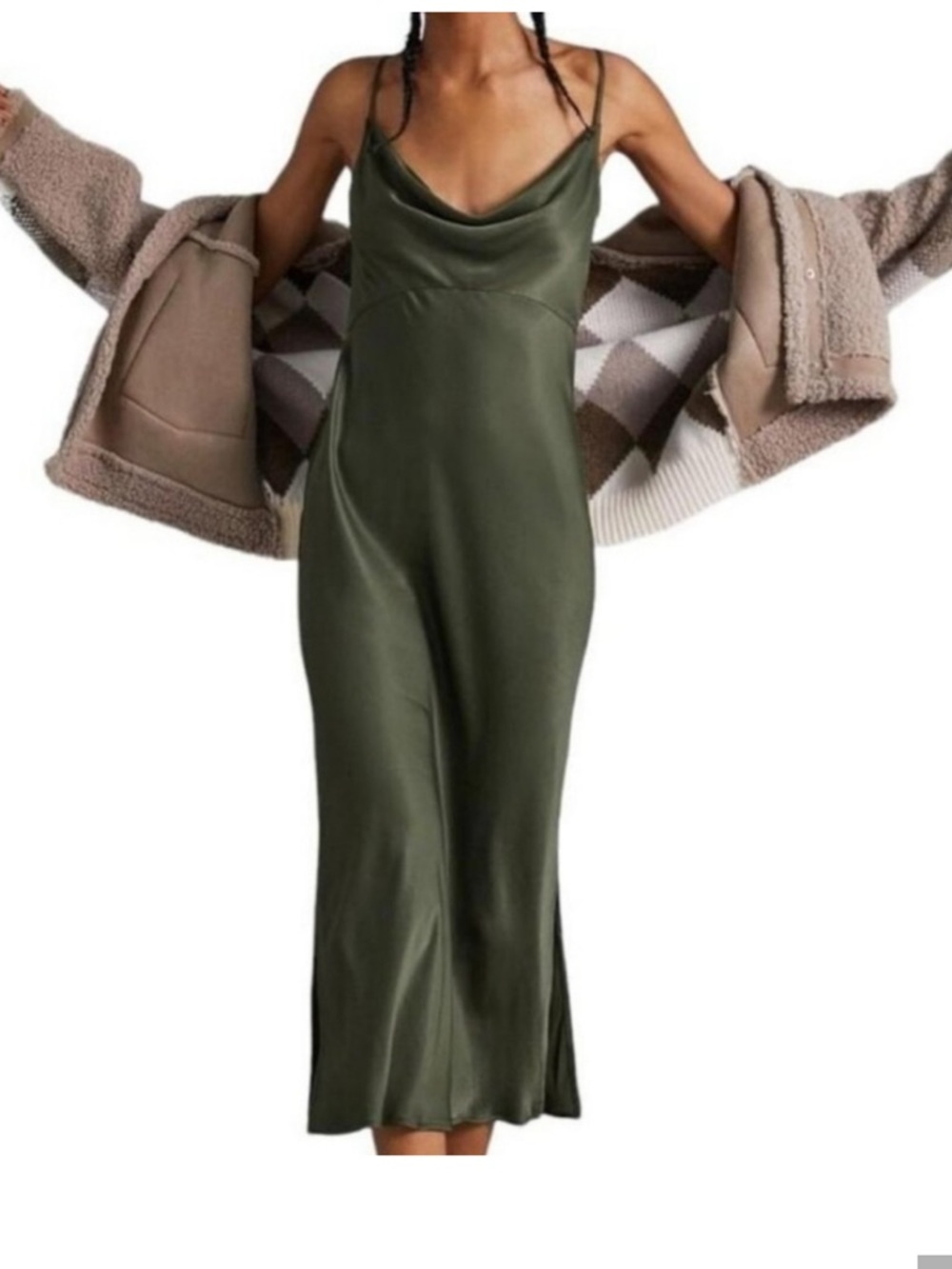 Anthropologie Olive Green Satin Slip Dress